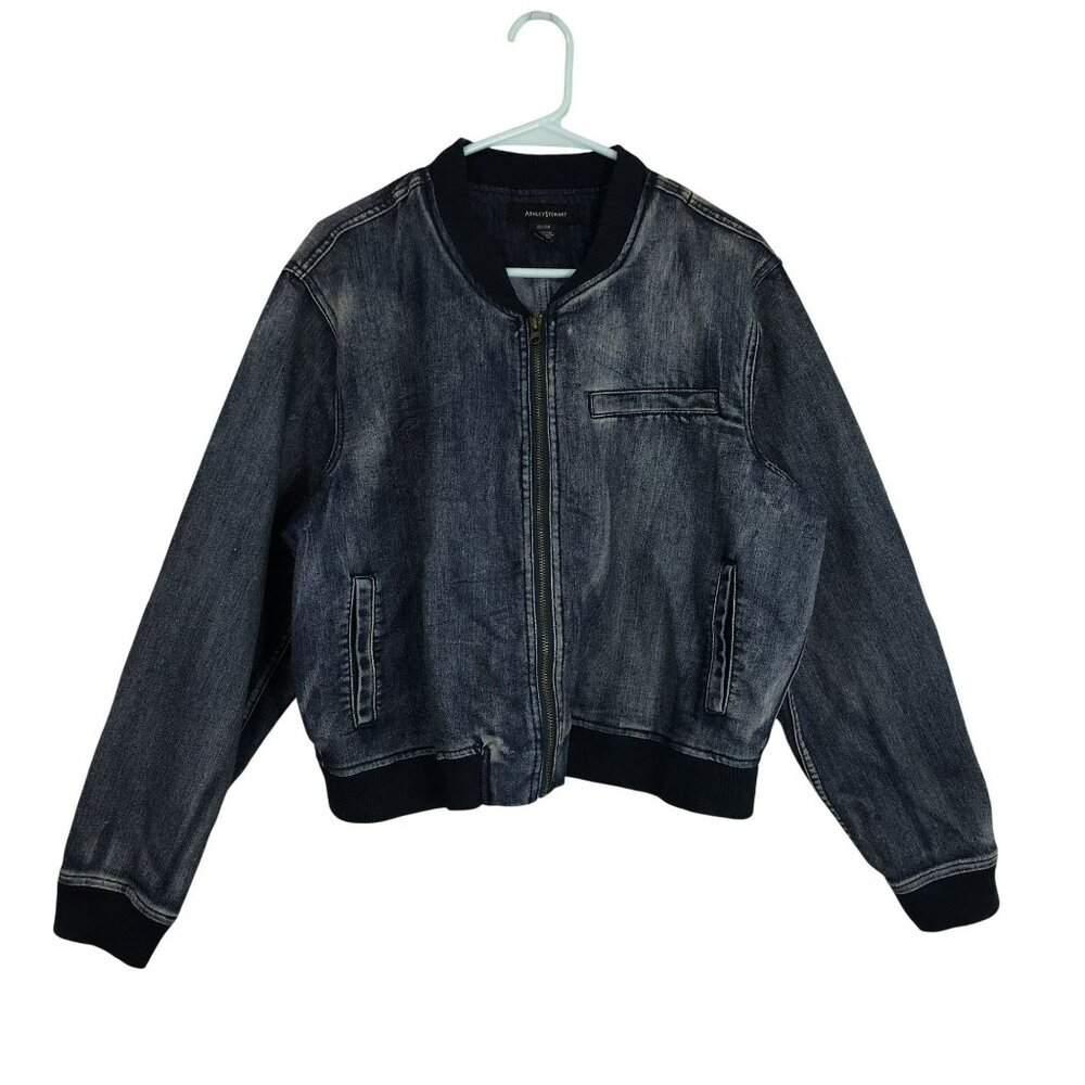 Ashley Stewart Denim Bomber Jacket Sz 22/24 Washed Blue Distressed Design Women